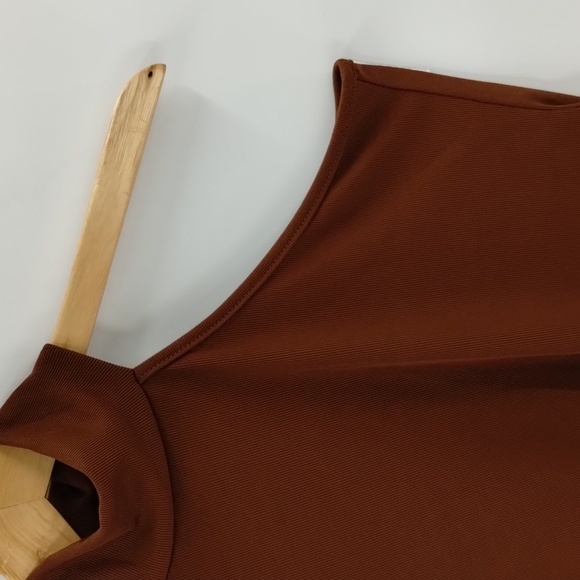 Unbranded bodysuit ribbed chestnut brown one shoulder exposed high collar large - Picture 3 of 6